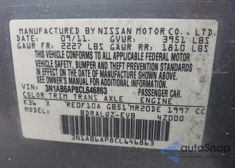 2012 Nissan Sentra 2.0 z USA, uszkodzony, nr VIN 3N1AB6AP8CL646863